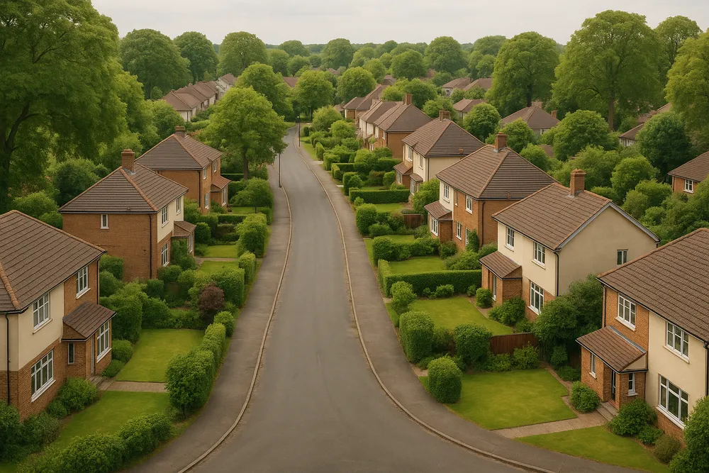 A pleasant suburban residential neighbourhood showing tree-lined streets and green gardens — the area we serve.