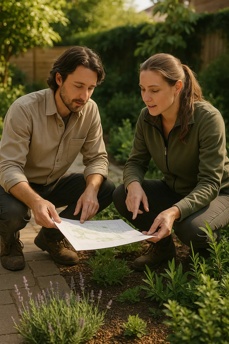 Landscape design professionals reviewing plans outdoors in a residential garden in warm natural light.