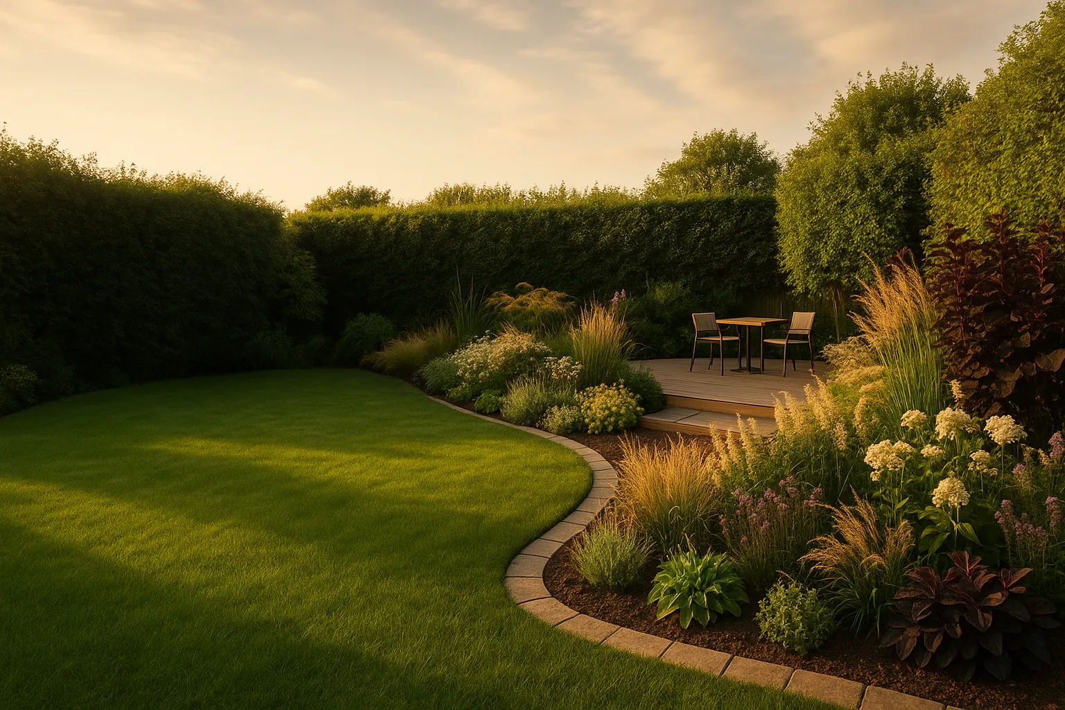 A beautifully designed residential garden with layered planting beds and a natural stone path.