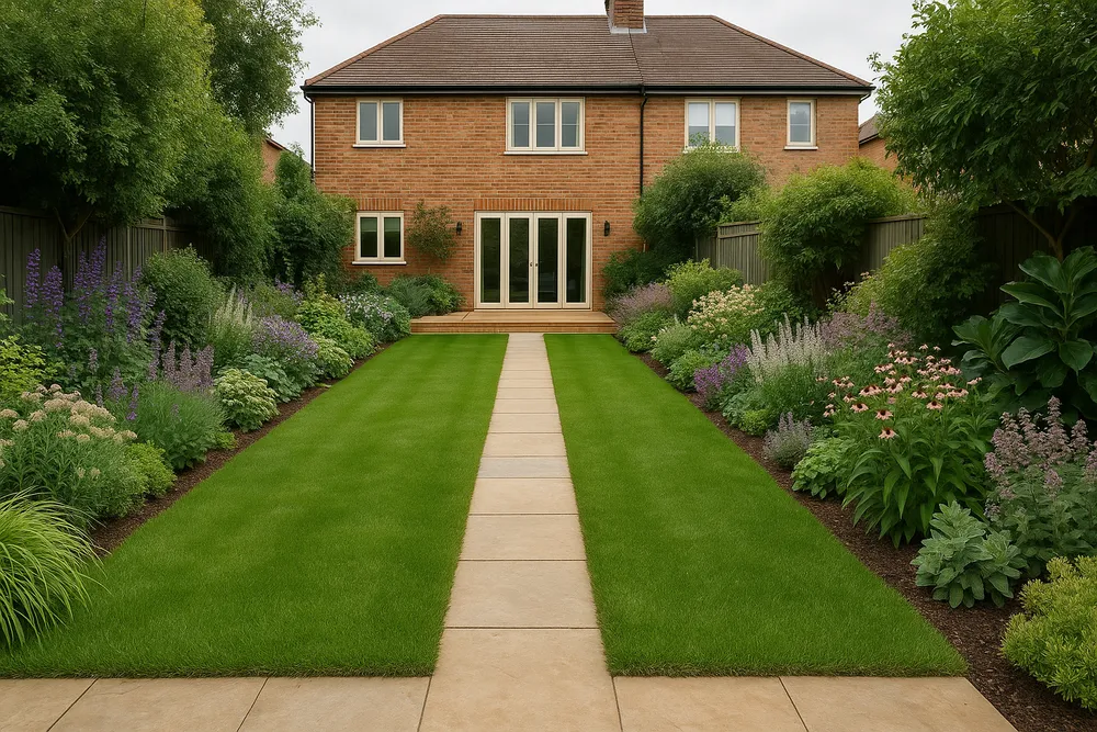 Completed residential back garden redesign viewed from the end of the garden, showing emerald lawn, mixed planting borders, and stone path.