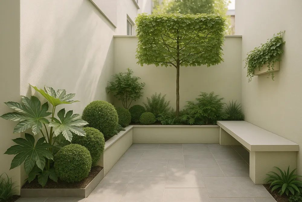Beautifully designed compact urban courtyard garden with architectural foliage plants, pale stone pavers, and built-in seating.
