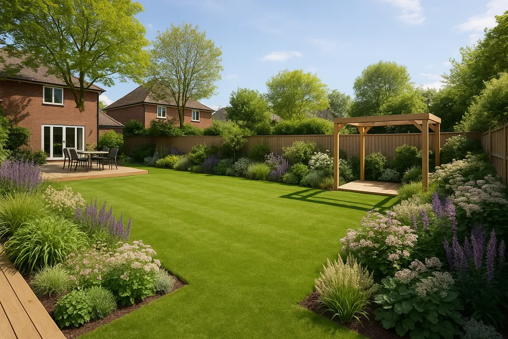 Generous residential family back garden with clean-edged lawn, patio area, and robust planting borders in bright spring light.