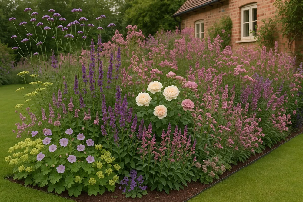 Beautifully planted residential cottage-style garden border in high summer with layered perennials and naturalistic planting.