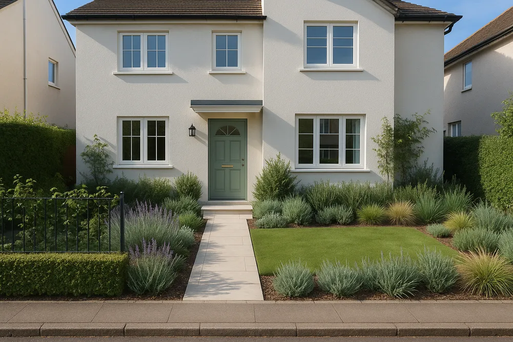 Redesigned residential front garden and approach with structured low planting, clean-edged path in pale natural stone leading to front door.