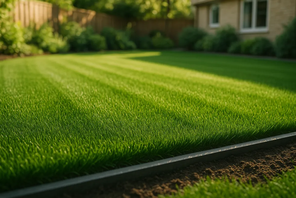 Perfectly restored residential lawn photographed at ground level showing deep emerald grass with crisp stone edging.