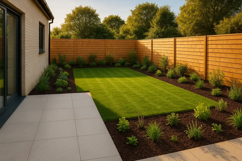 Newly completed garden for a new-build residential property with fresh turf, modern patio, and contemporary timber boundary fence.