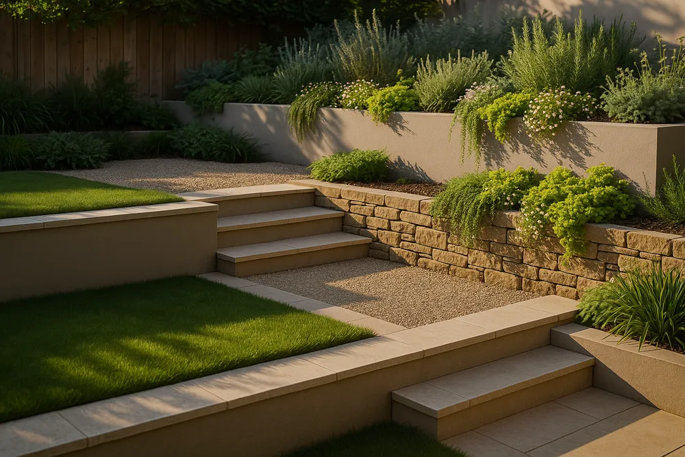 Residential garden with strong structural design showing split levels, dry-stone retaining walls, and pale natural stone steps.
