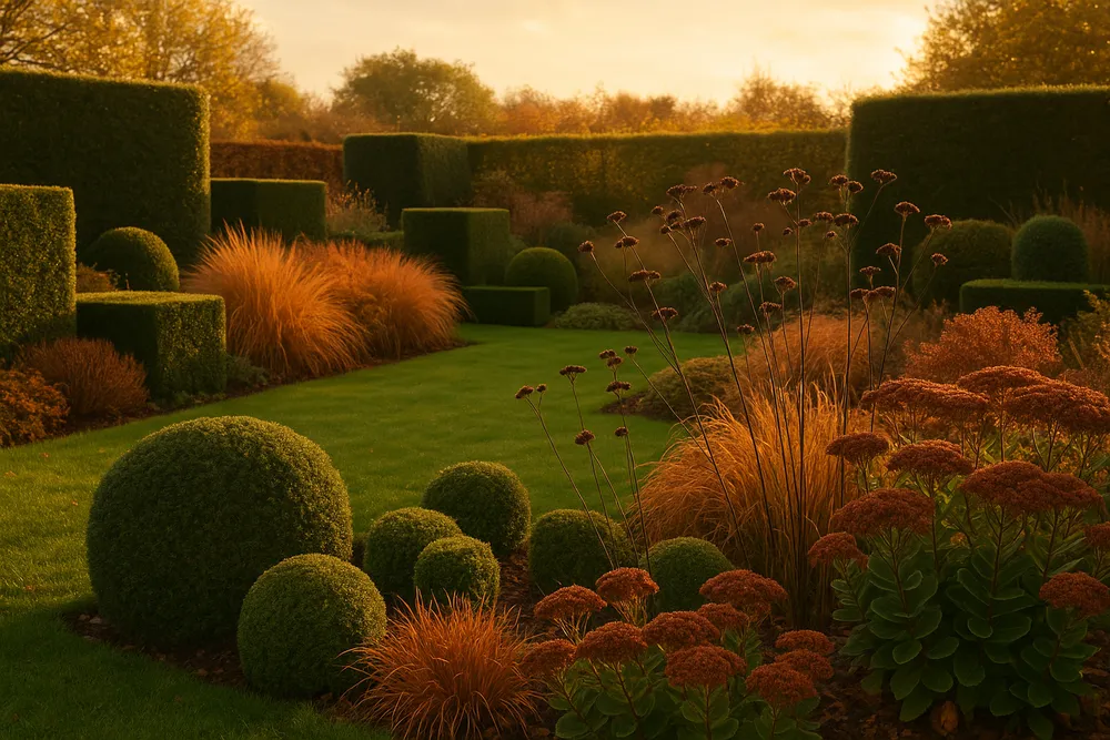Residential garden in late autumn with clipped hedges, ornamental grasses in amber and copper, and seed heads catching golden light.