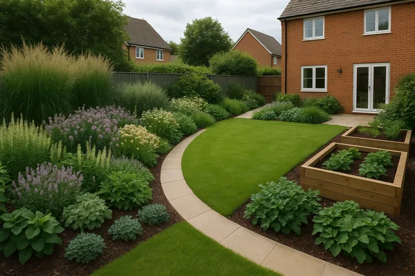 Completed residential back garden redesign with layered planting beds and stone path.