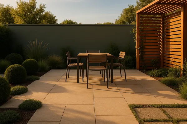 Beautifully designed residential patio with limestone pavers and cedar pergola.