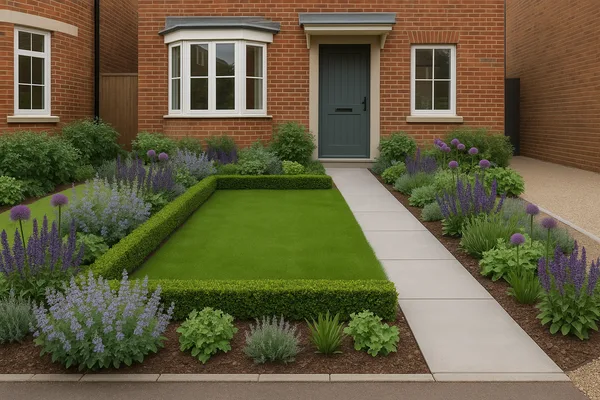 Transformed residential front garden with fresh lawn and structured planting borders.