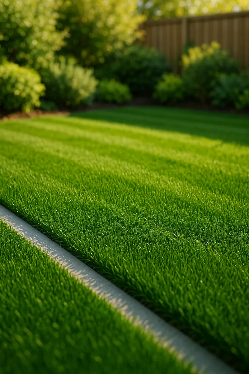 A perfectly maintained residential lawn with deep emerald grass and crisp stone edging.