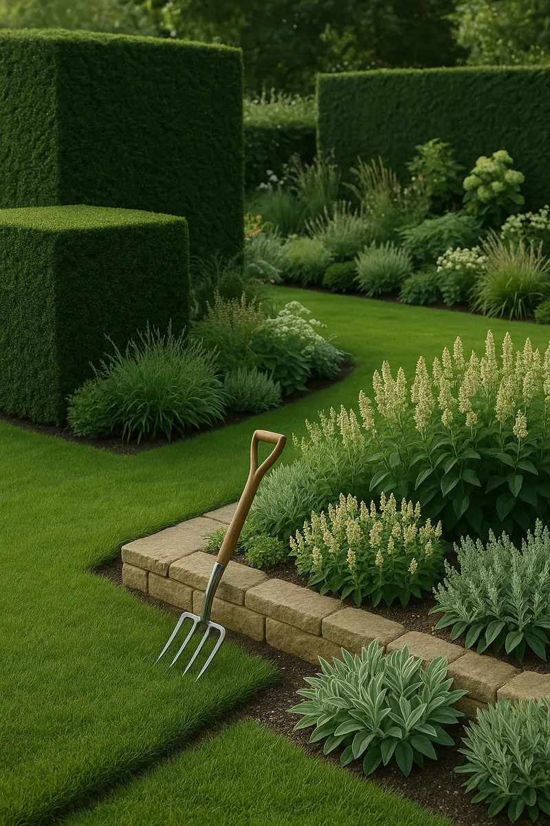 Well-tended residential garden with clipped hedges, healthy borders, and a garden tool resting against stone edging.