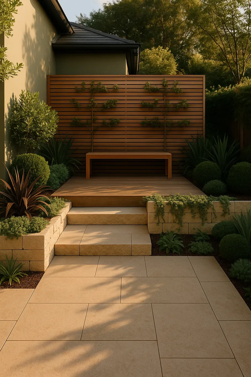 Beautifully designed residential outdoor living space with limestone pavers, timber deck, and architectural planting.