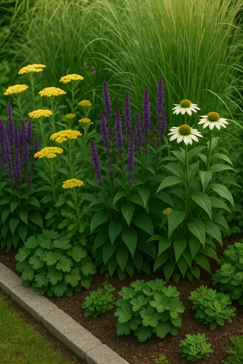 Close-up of a beautifully planted residential garden border with layered perennials and ornamental grasses.