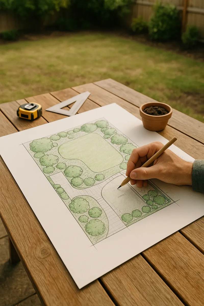 Landscape designer sketching a garden layout plan outdoors on a weathered timber table.
